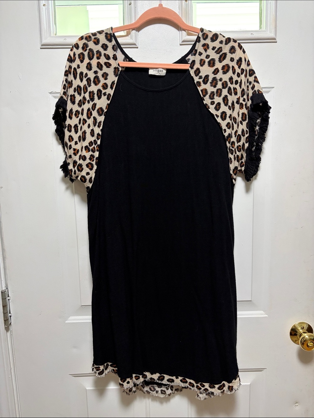 Umgee Black Dress with Leopard-Print Raglan Sleeves
